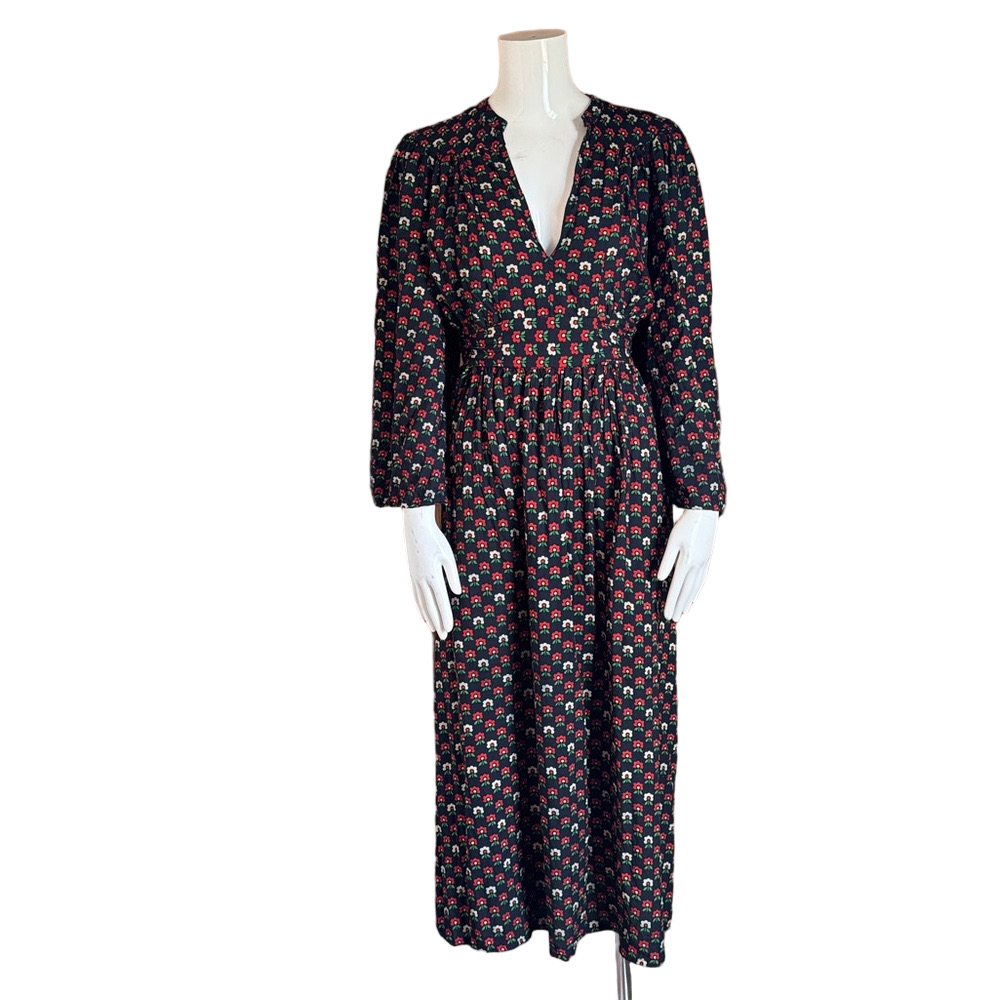 Antik Batik Floral Maxi Dress SIZE L/XL Black Long Sleeve Boho Smocked Waist